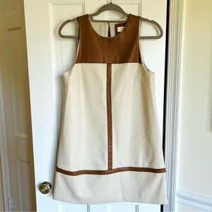 Maeve Anthropologie Cream and Brown Faux Leather Shift Mini Dress Lined Small